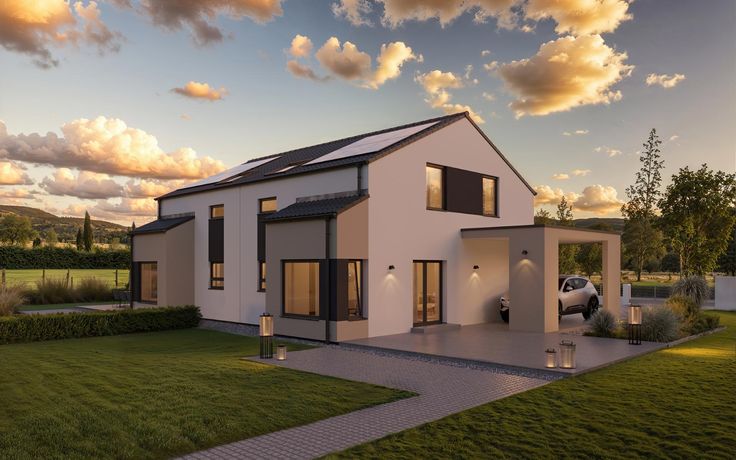 3D-Visualisierung eines modernen Wohnhauses mit Holzdecke und Glasfront